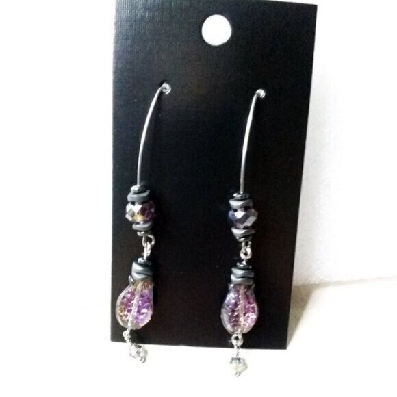 Purple + Black Iridescent Glass Fish Danglers ~ Goth + Beachy! Sea Life Earrings - Picture 4 of 7